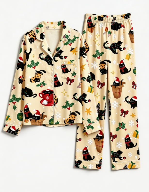 Christmas Black Cat & Festive Bow Print Matching Family Pajama Set, Button-Down Cotton Loungewear