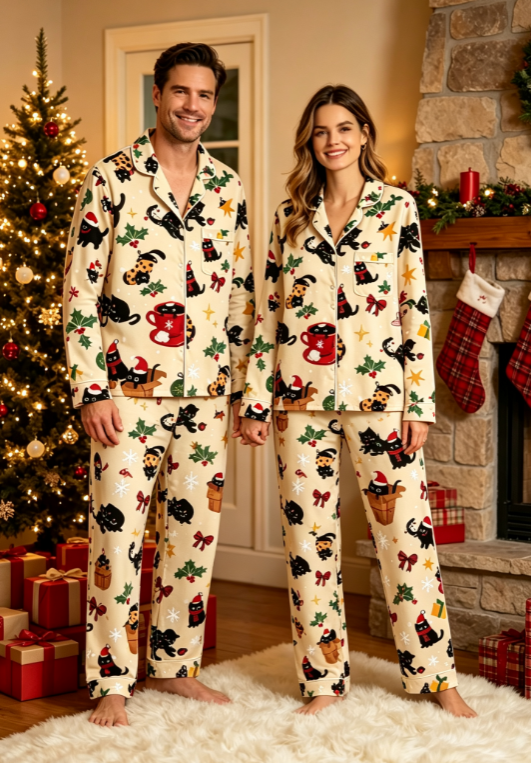 Christmas Black Cat & Festive Bow Print Matching Family Pajama Set, Button-Down Cotton Loungewear