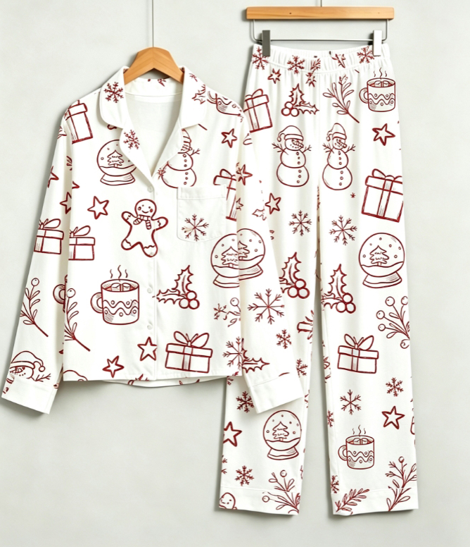 Christmas Snowman & Gingerbread Matching Couples Pajama Set, Button-Down Cotton Loungewear