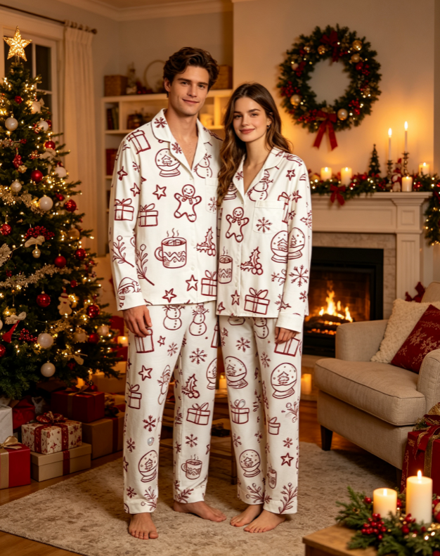 Christmas Snowman & Gingerbread Matching Family Pajamas Set, Button-Down Cotton Loungewear