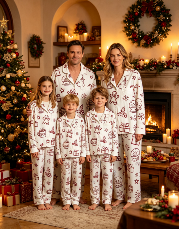 Christmas Snowman & Gingerbread Matching Family Pajamas Set, Button-Down Cotton Loungewear