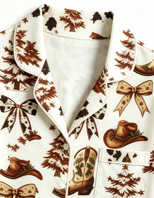Western Cowboy Boot & Christmas Tree Matching Couples Pajama Set, Button-Down Cotton Loungewear