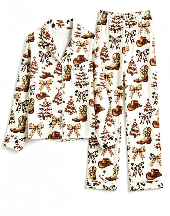 Western Cowboy Boot & Christmas Tree Matching Couples Pajama Set, Button-Down Cotton Loungewear