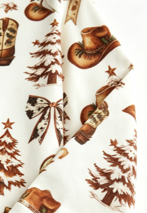 Western Cowboy Boot & Christmas Tree Matching Couples Pajama Set, Button-Down Cotton Loungewear