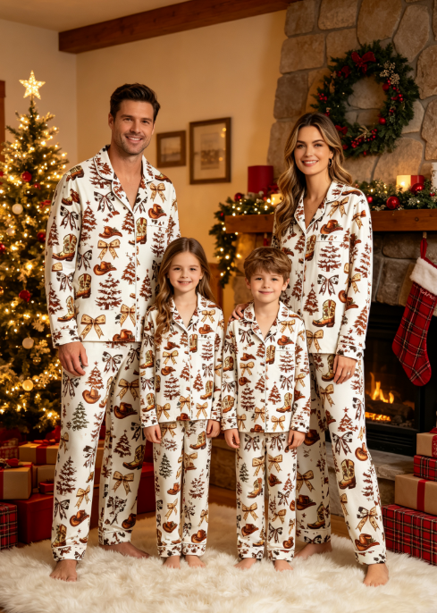Western Cowboy Boot & Christmas Tree Matching Couples Pajama Set, Button-Down Cotton Loungewear