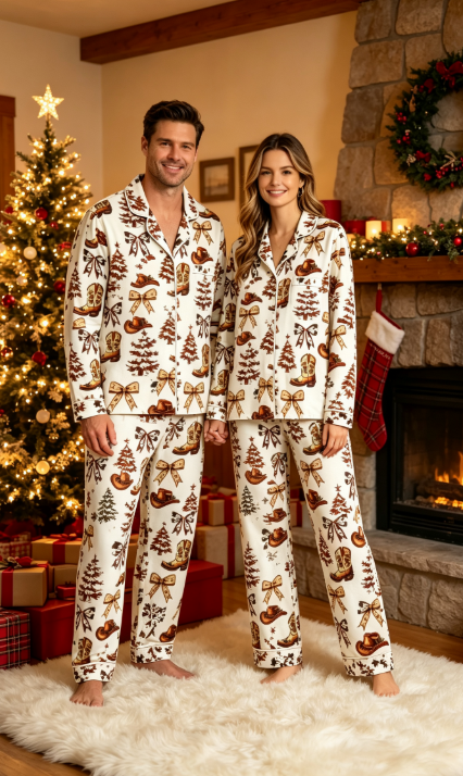 Western Cowboy Boot & Christmas Tree Matching Couples Pajama Set, Button-Down Cotton Loungewear