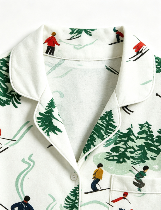 Christmas Winter Skiers & Snowy Pine Tree Print Matching Couples Pajama Set, Button-Down Cotton Loungewear