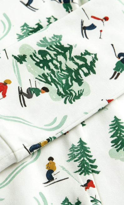 Christmas Winter Skiers & Snowy Pine Tree Print Matching Couples Pajama Set, Button-Down Cotton Loungewear