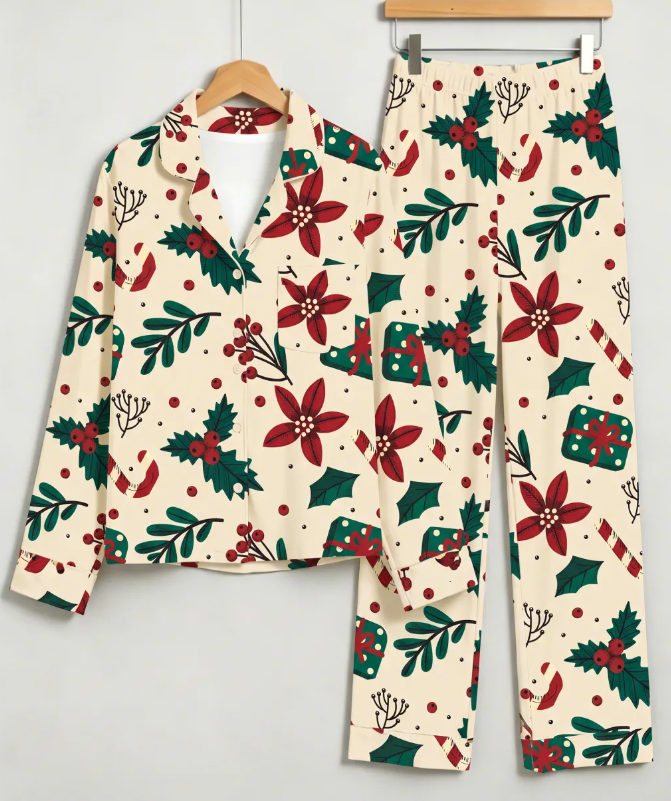Christmas Poinsettia Floral & Holly Berry Matching Couples Pajama Set, Button-Down Cotton Loungewear