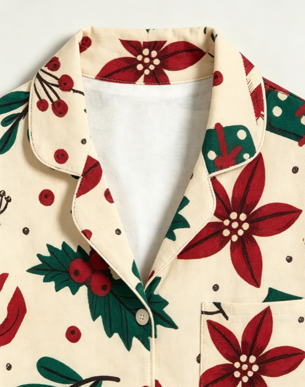 Christmas Poinsettia Floral & Holly Berry Matching Couples Pajama Set, Button-Down Cotton Loungewear