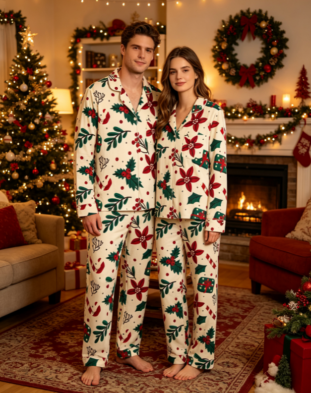 Christmas Poinsettia Floral & Holly Berry Matching Couples Pajama Set, Button-Down Cotton Loungewear