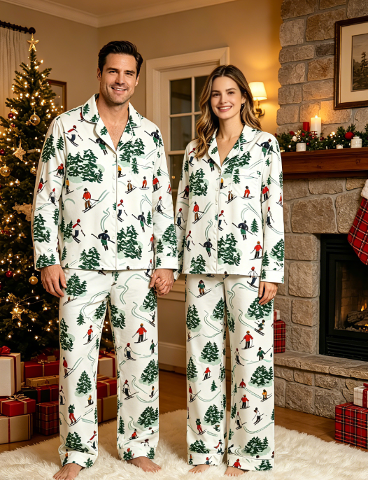 Christmas Winter Skiers & Snowy Pine Tree Print Matching Couples Pajama Set, Button-Down Cotton Loungewear