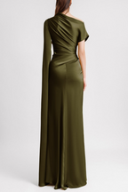 Satin Asymmetrical Neckline Draped Maxi Dress