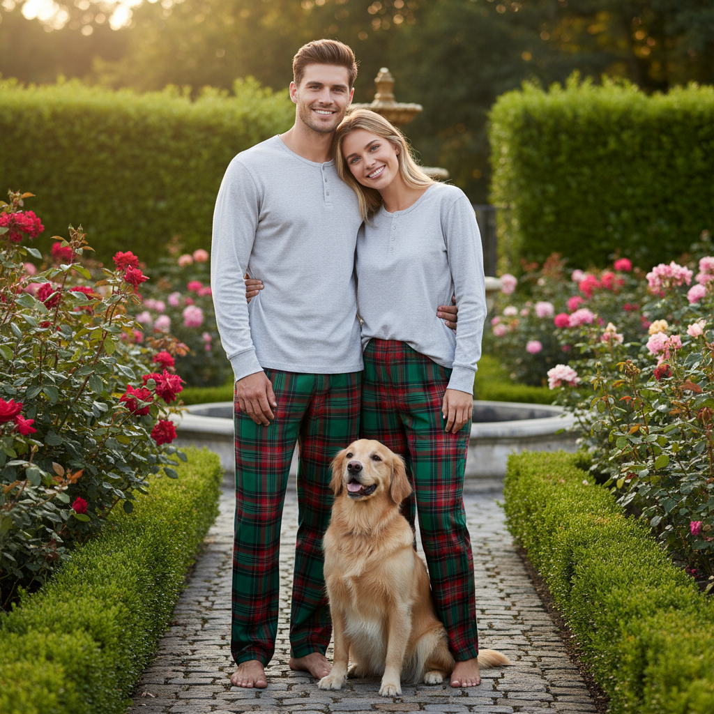 Couple Pajama Set – Gray Button-Neck Tee & Green Plaid Pants