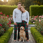 Couple Pajama Set – Gray Button-Neck Tee & Green Plaid Pants