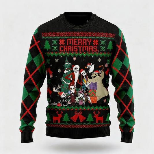 Santa Claus Cartoon Pattern Design - Maximalist Christmas Print Ugly Sweater