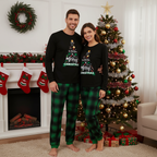 "We Wish You a Merry Christmas" Printed Pattern Black Long Sleeve Top with Black & Green Plaid Pants Couple Matching Pajamas