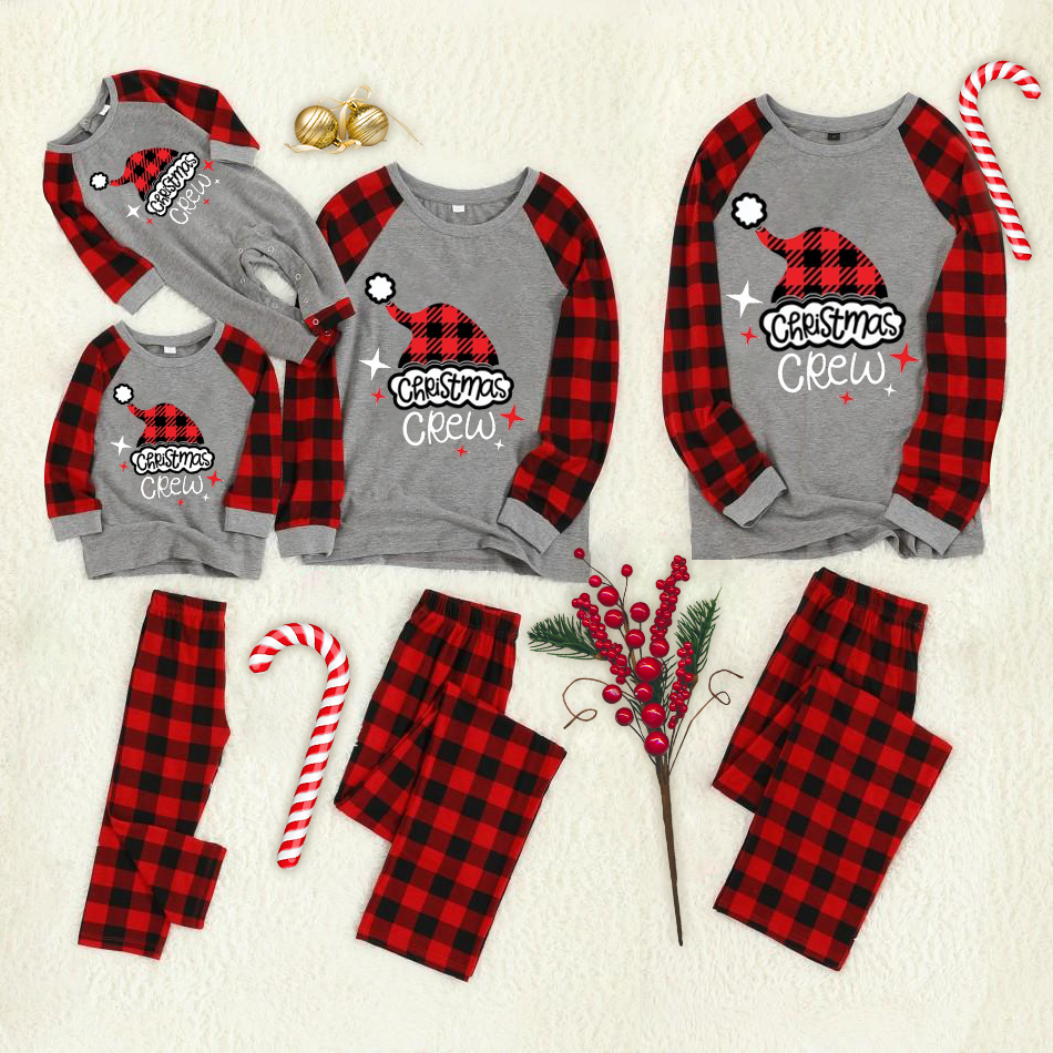 Christmas "We Are Family" Letter Print Contrast top and Plaid Pants Family Matching Pajamas Set With Dog Bandana