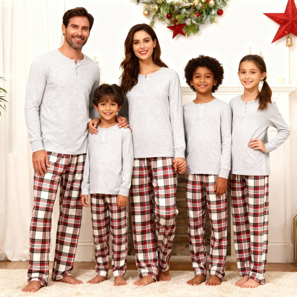 Family Matching Pajama Set – Gray Button-Neck Tee & Red Plaid Pants