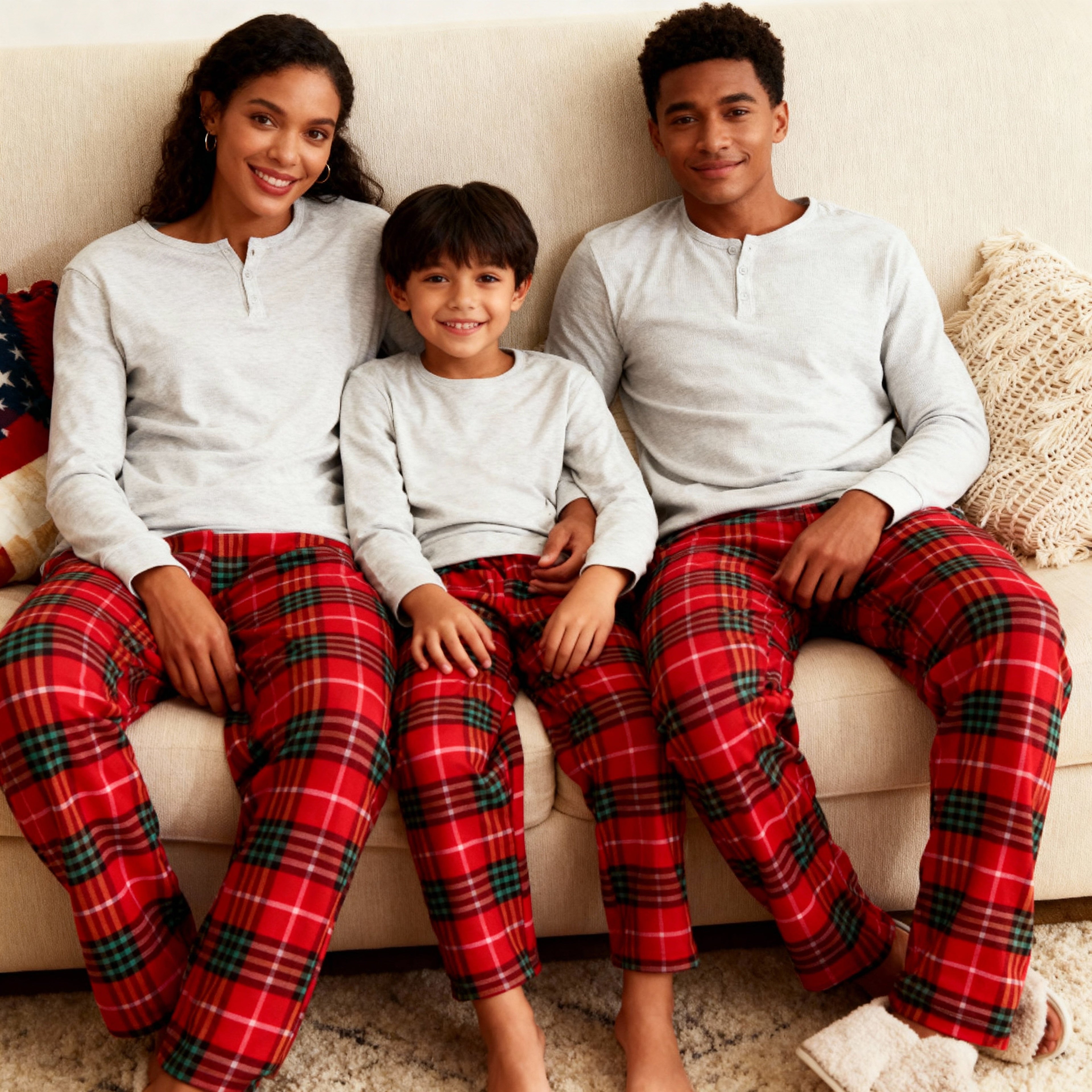 Holiday Pajamas Set for Whole Family –  Button-Front Gray Tee with Plaid Pants