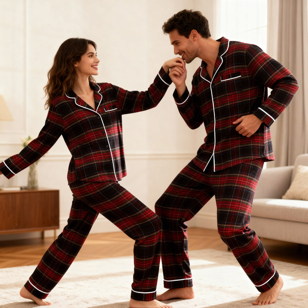 Couple Plaid Button-Front Pajamas Sets