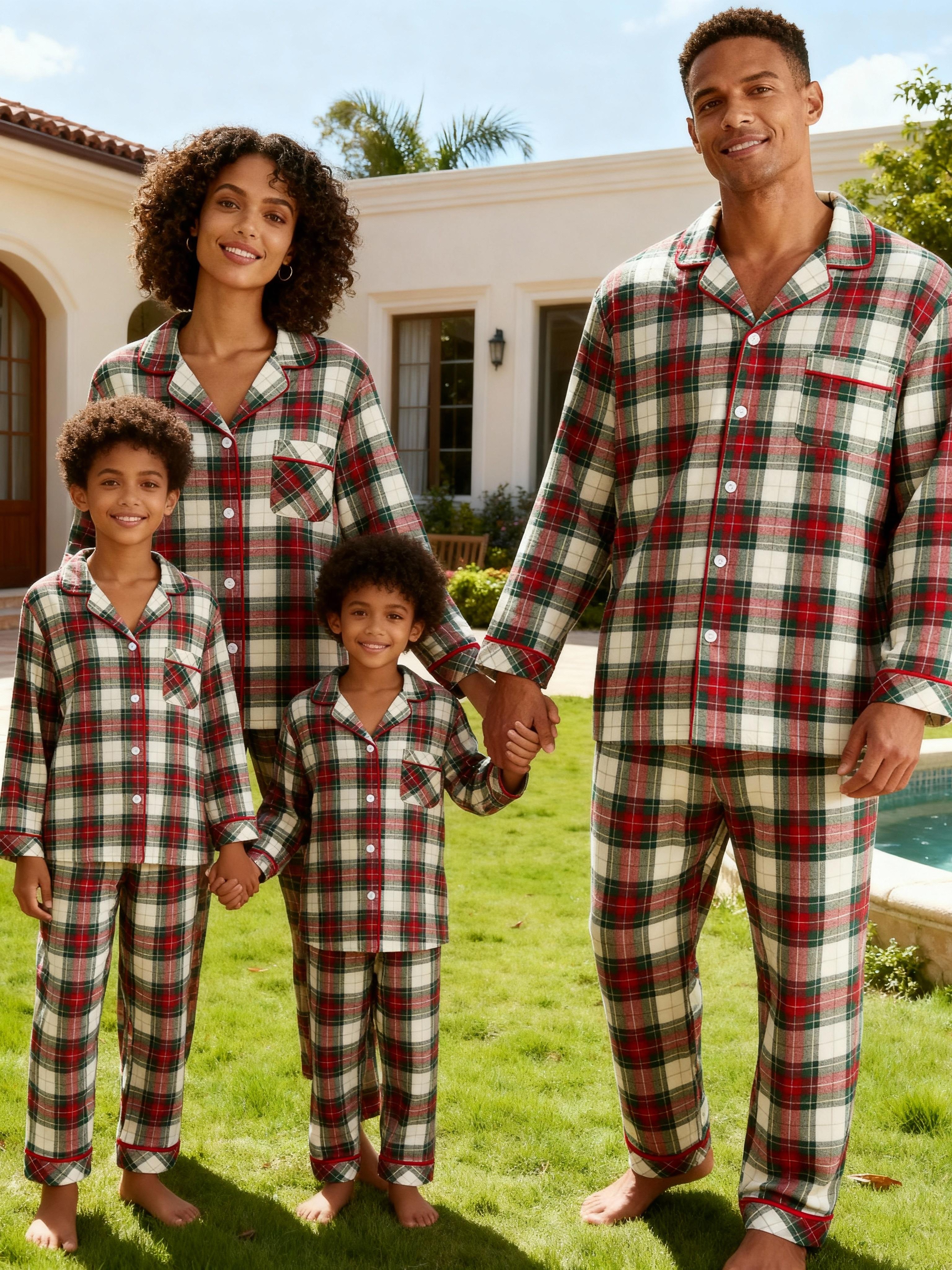Matching Family Sleepwear Red Green Plaid Button Christmas Pajamas Set