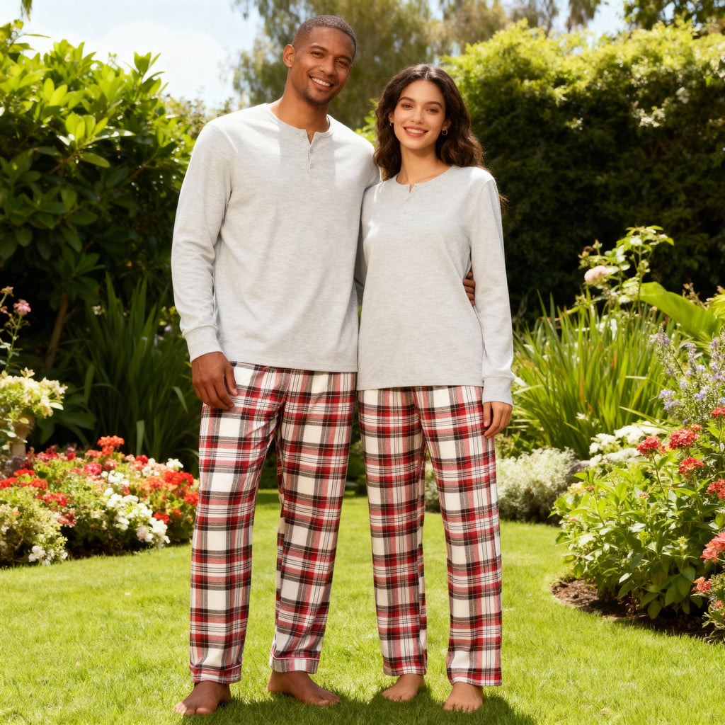 Couple Pajama Set – Gray Button-Neck Tee & Red Plaid Pants