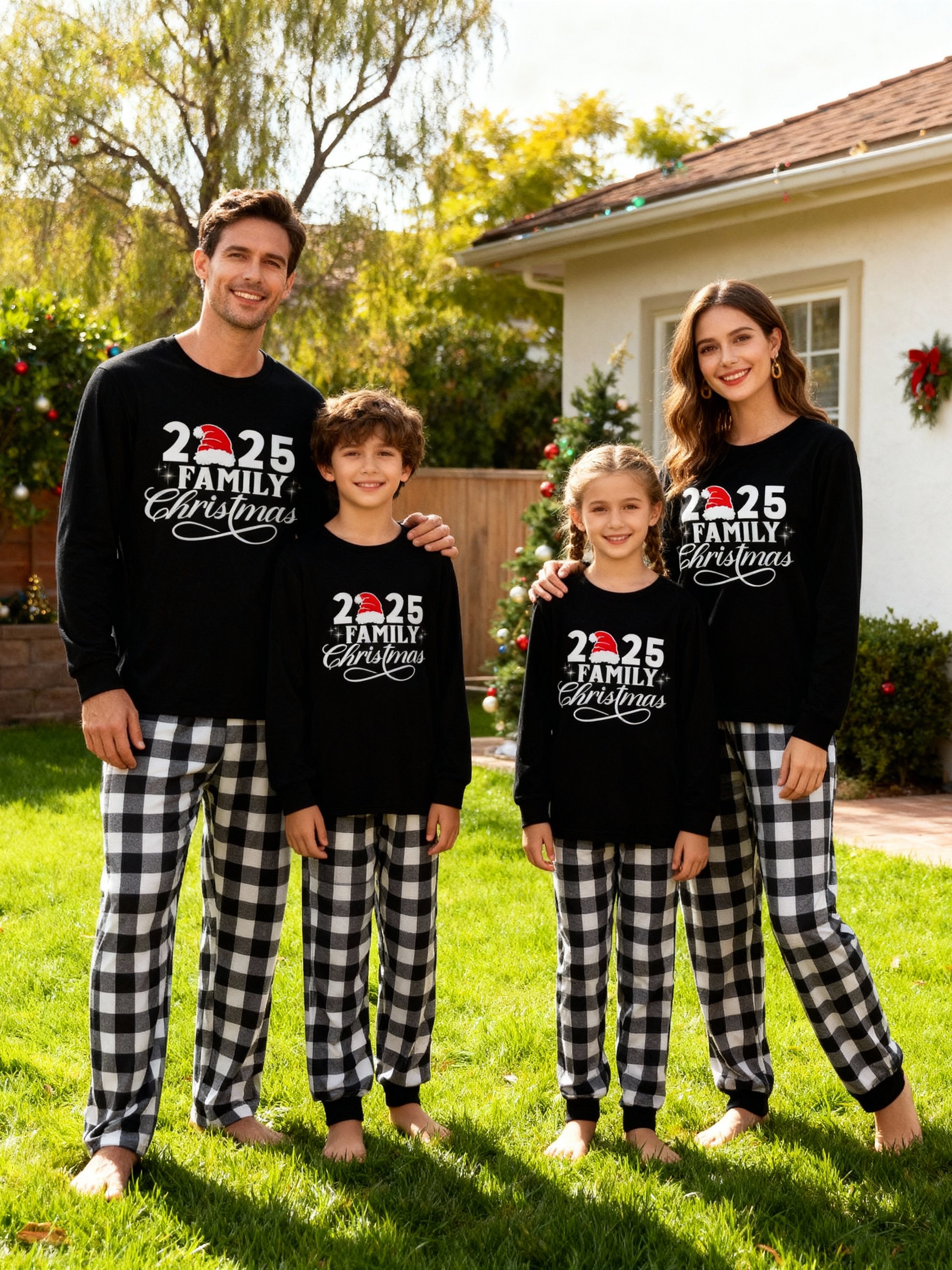 "2025 Family Christmas" Letter Print Black Long Sleeve Top with Black And White Plaid Pants Family Matching Pajamas