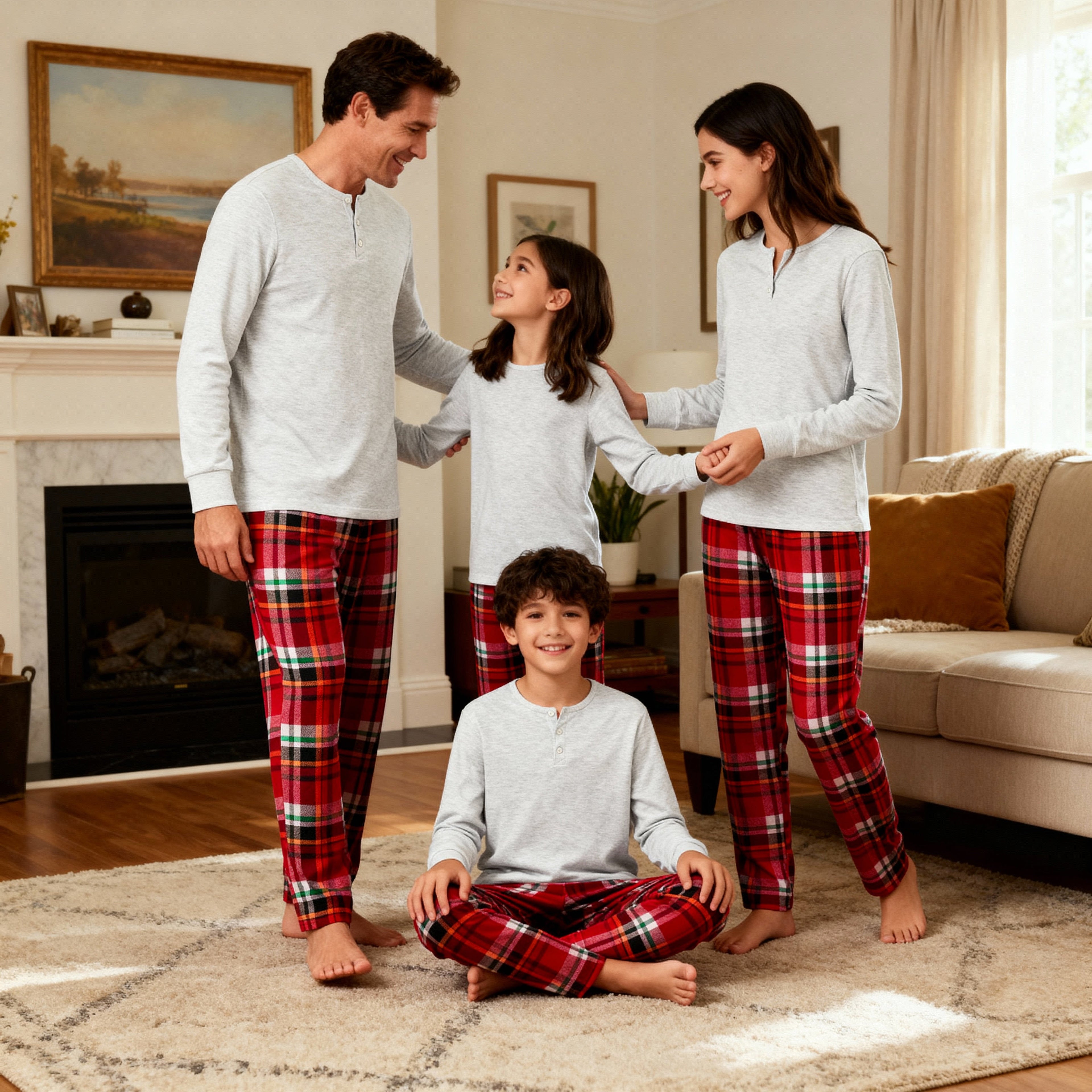 Holiday Pajamas Set for Whole Family – Gray Button-Neck Tee & Red Plaid Pants