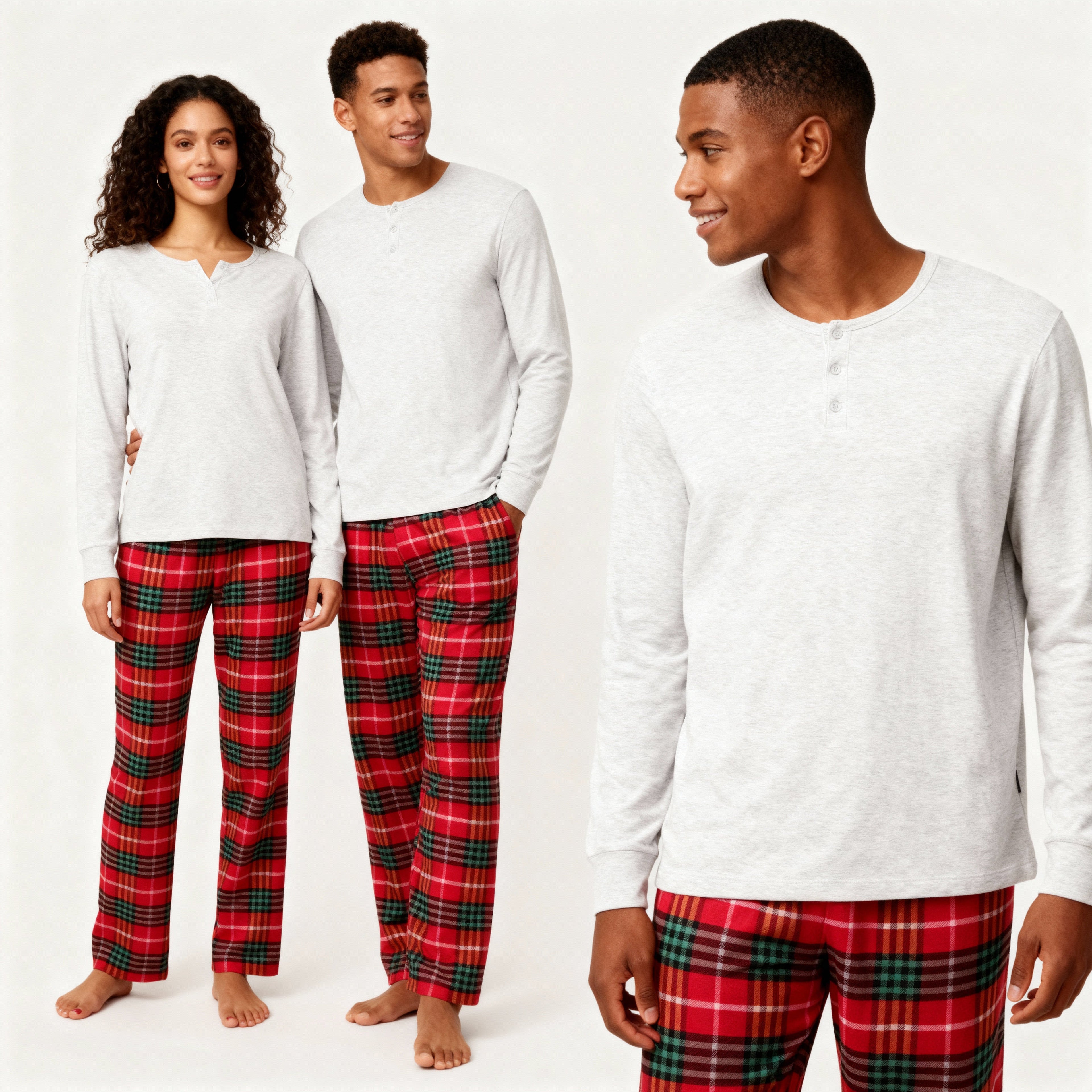 Holiday Pajamas Set for Whole Family –  Button-Front Gray Tee with Plaid Pants