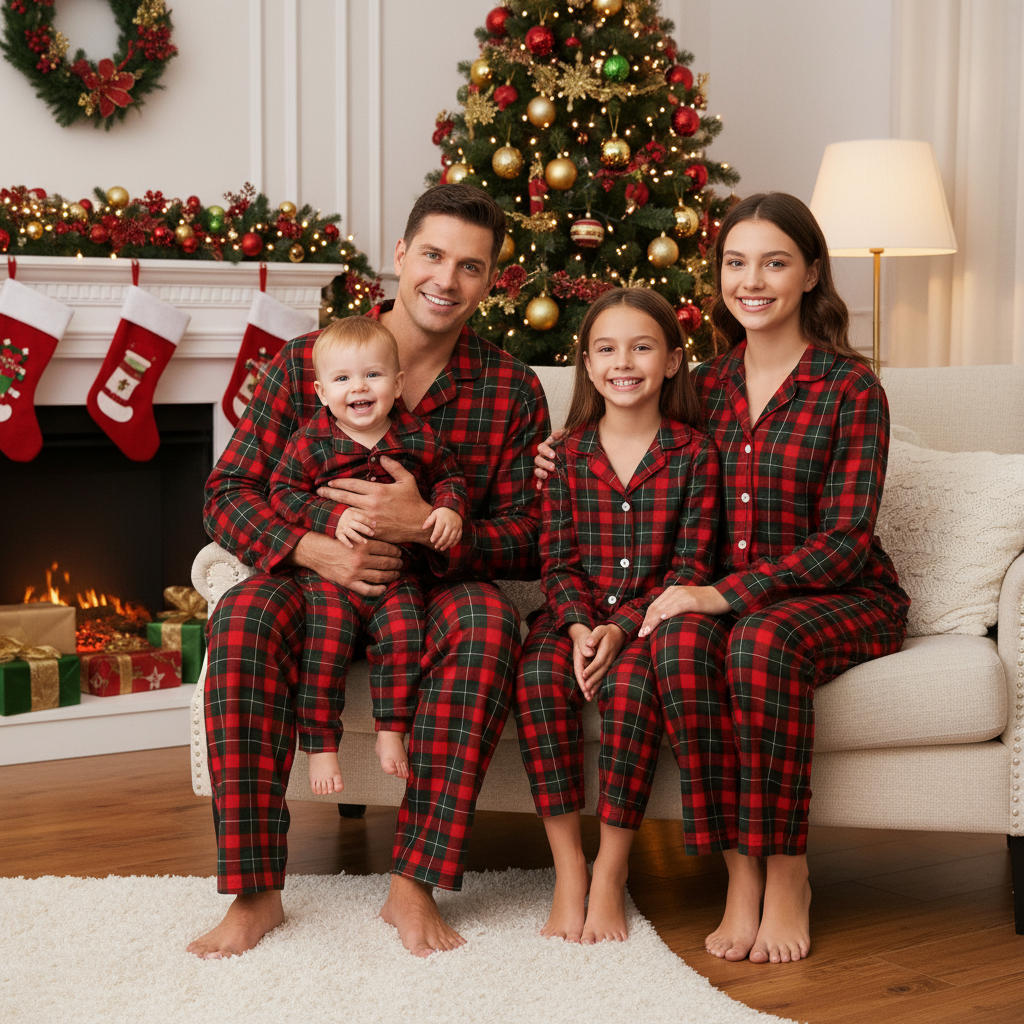 Christmas Red and Green Plaid Button Up Family Pajamas Sets