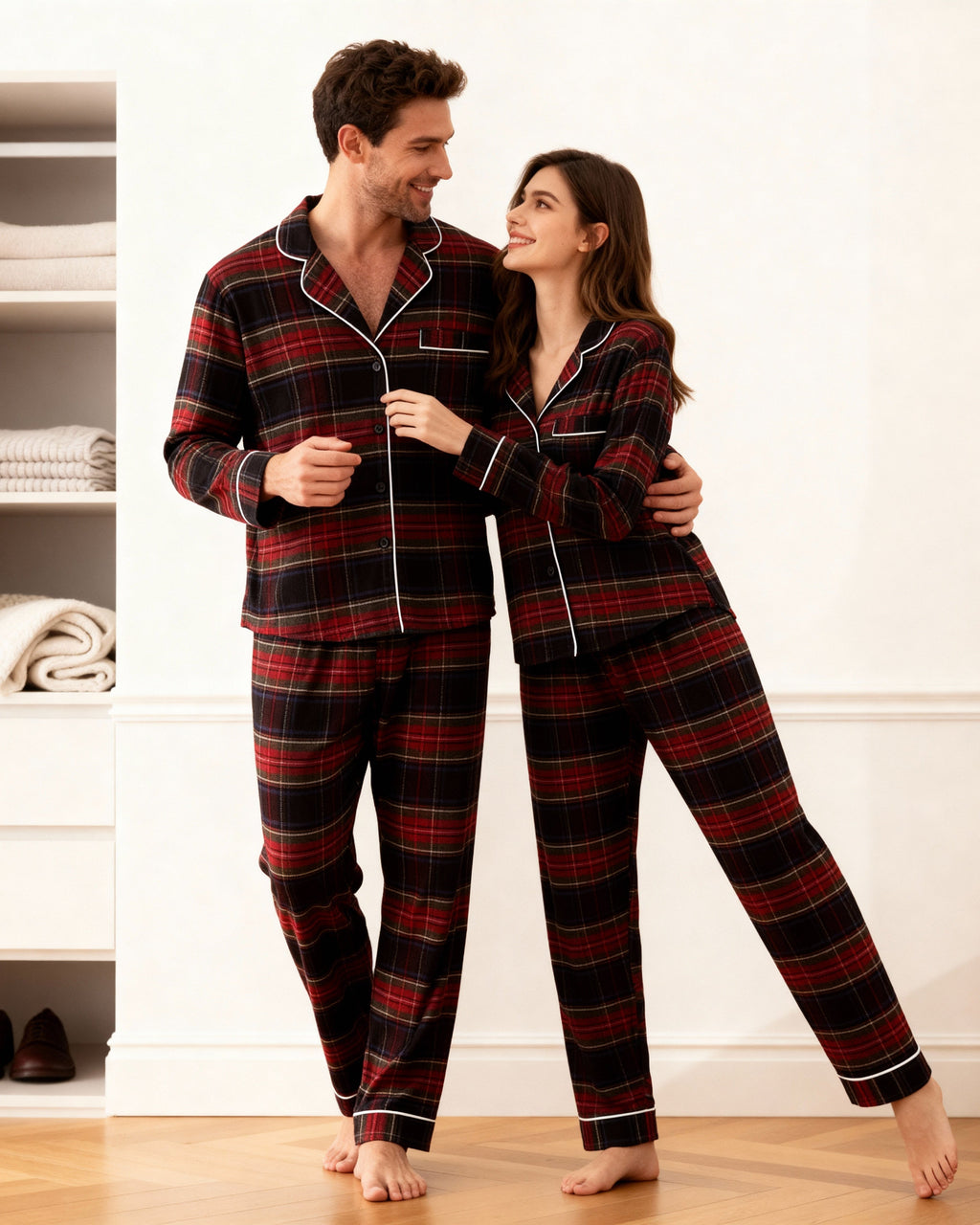 Couple Plaid Button-Front Pajamas Sets
