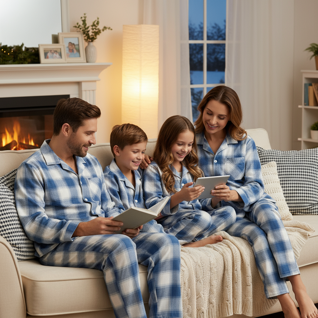 Family Matching Pajamas Blue and White Plaid Cotton Set