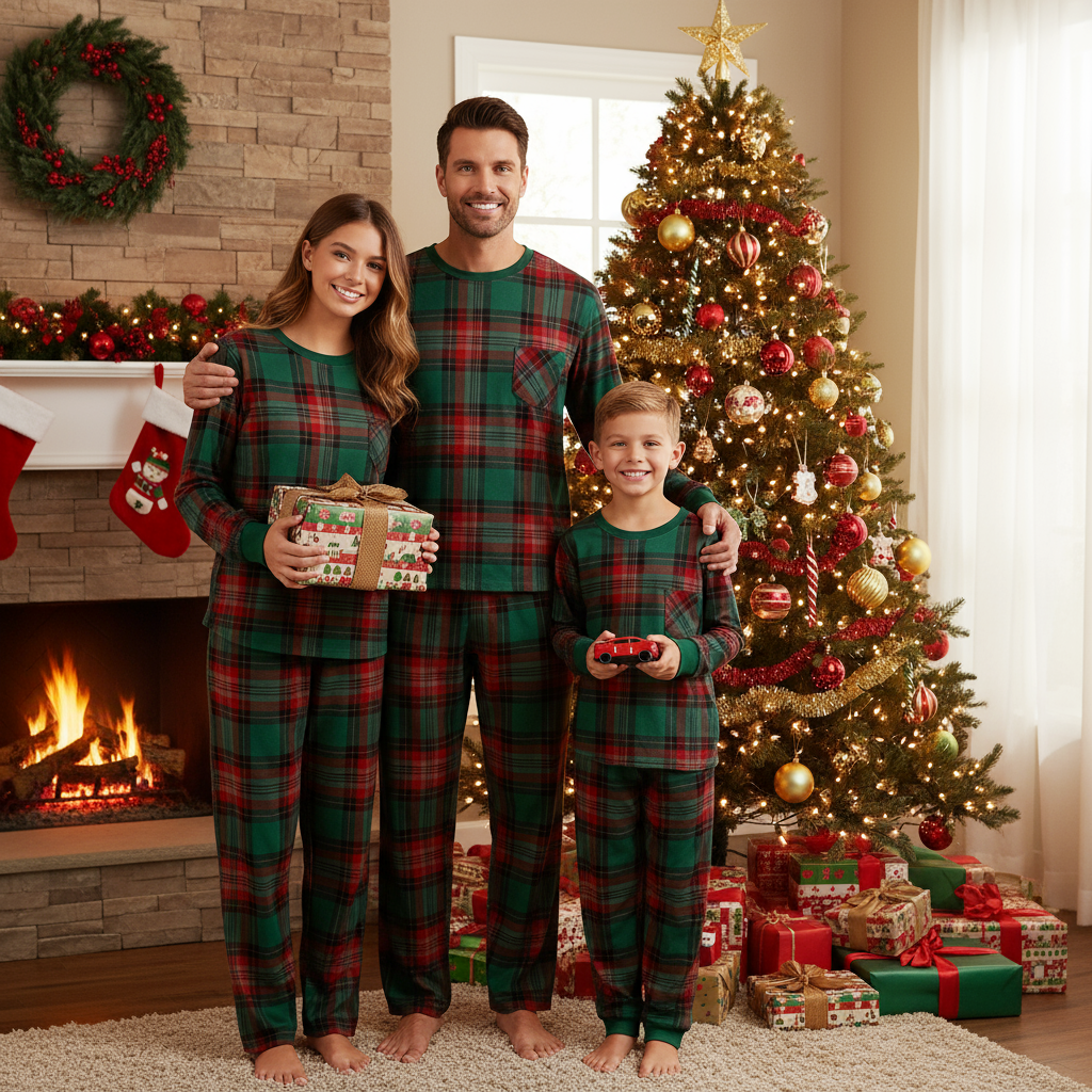 Family Green Red Plaid Matching Pajamas Set