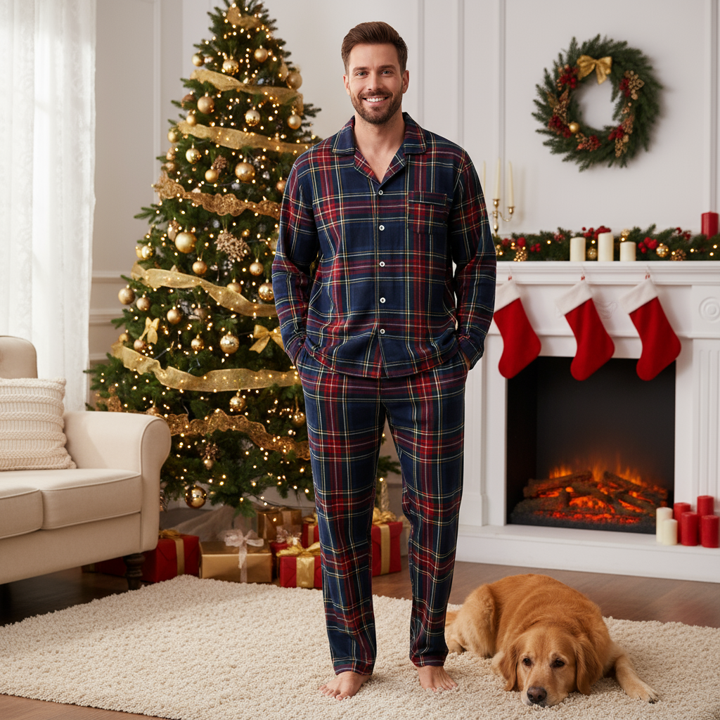 Family Matching Holiday Sleepwear Red Blue Plaid Long Sleeve Pajama Set
