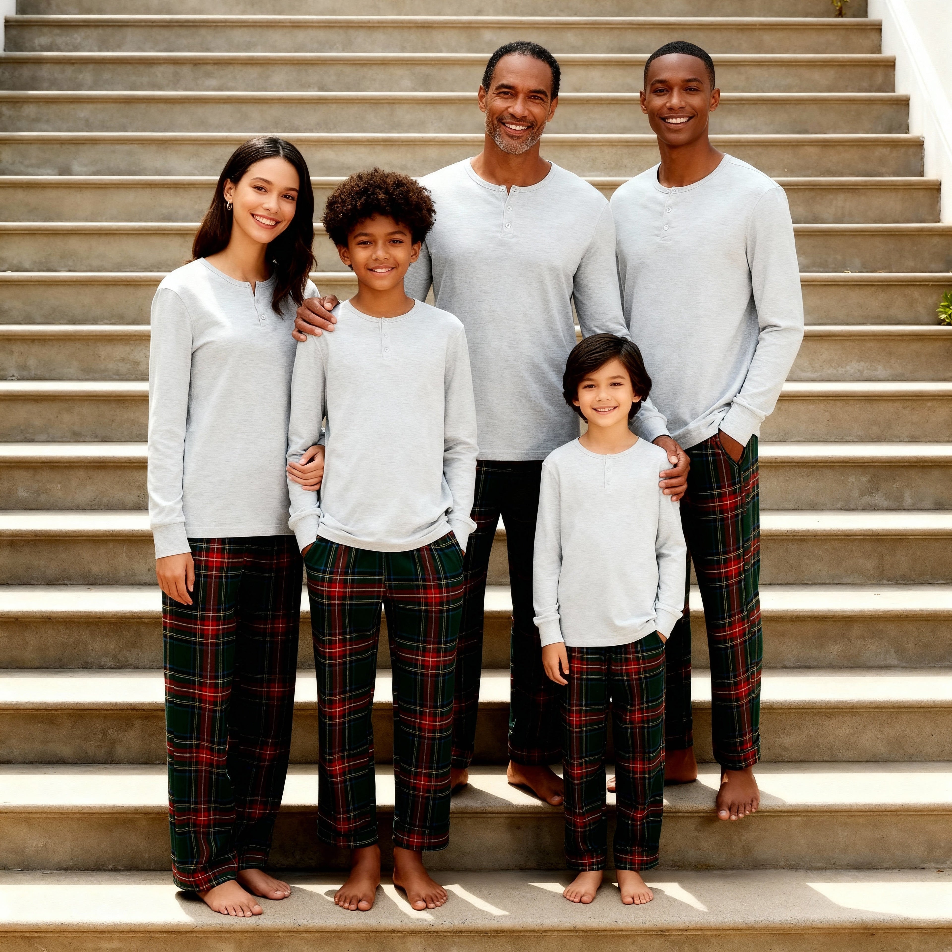 Holiday Pajamas Set for Whole Family – Gray Button-Neck Tee & Green Red Plaid Pants