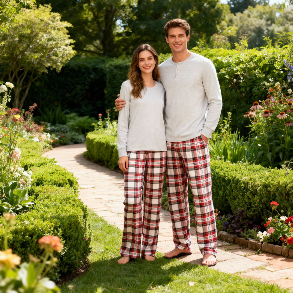 Couple Pajama Set – Gray Button-Neck Tee & Red Plaid Pants