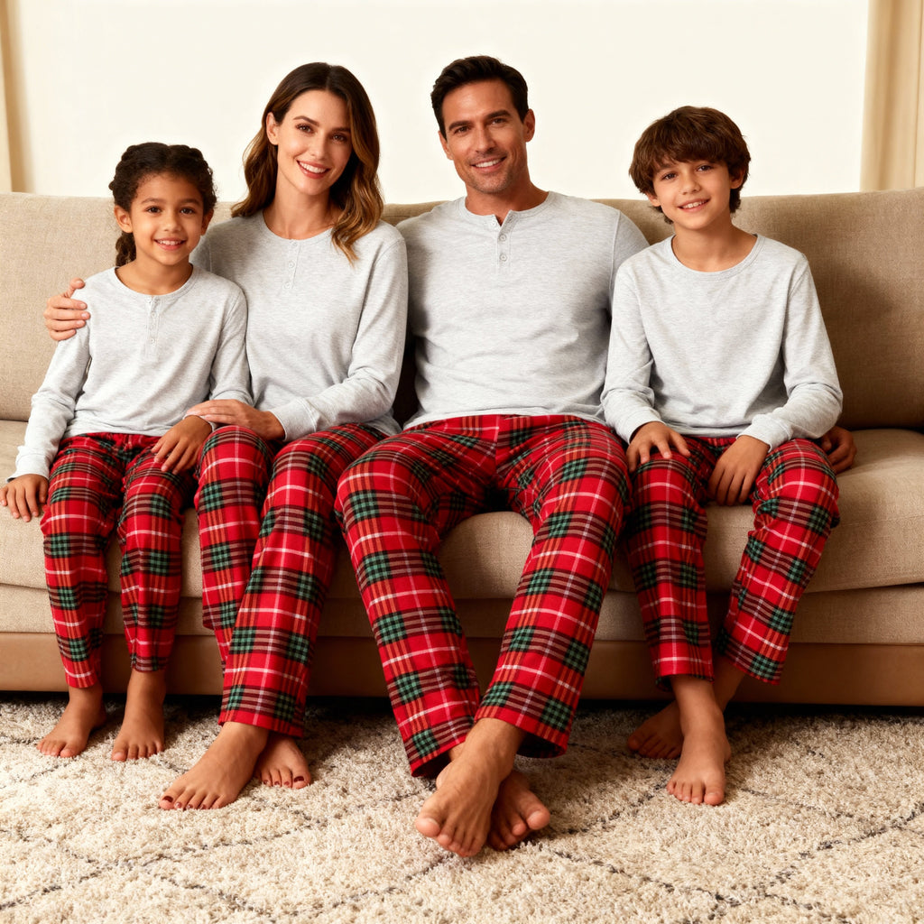 Holiday Pajamas Set for Whole Family –  Button-Front Gray Tee with Plaid Pants