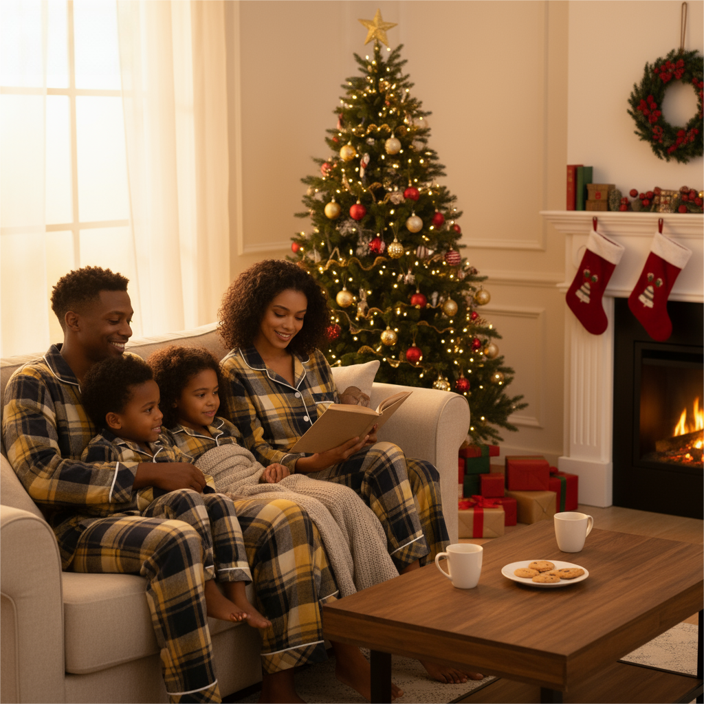 Matching Christmas Yellow and Blue Plaid Button Up Family Pajamas Sets
