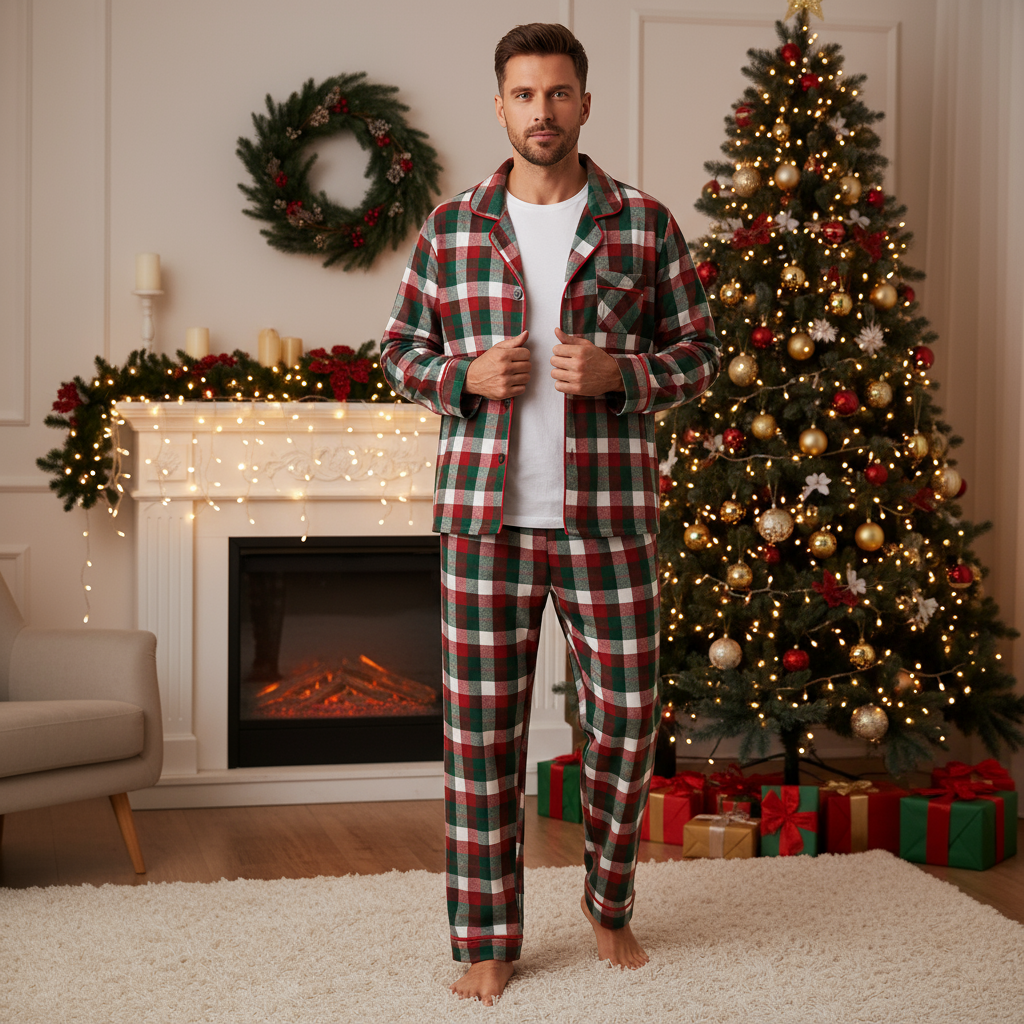 Couple Matching Sleepwear Green Red Plaid Christmas Pajamas Set