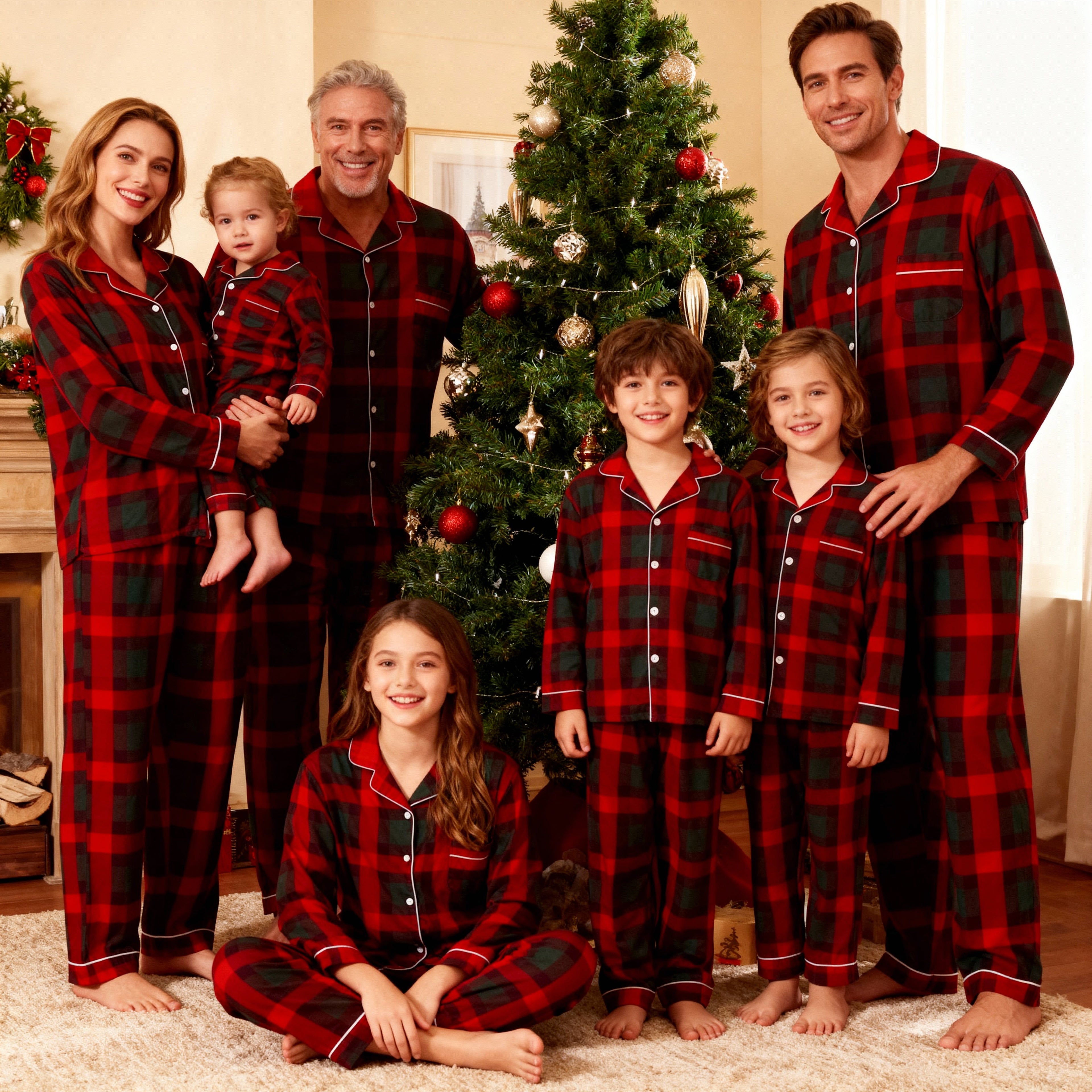 Matching Christmas Red and Green Plaid Button Up Family Pajamas Sets