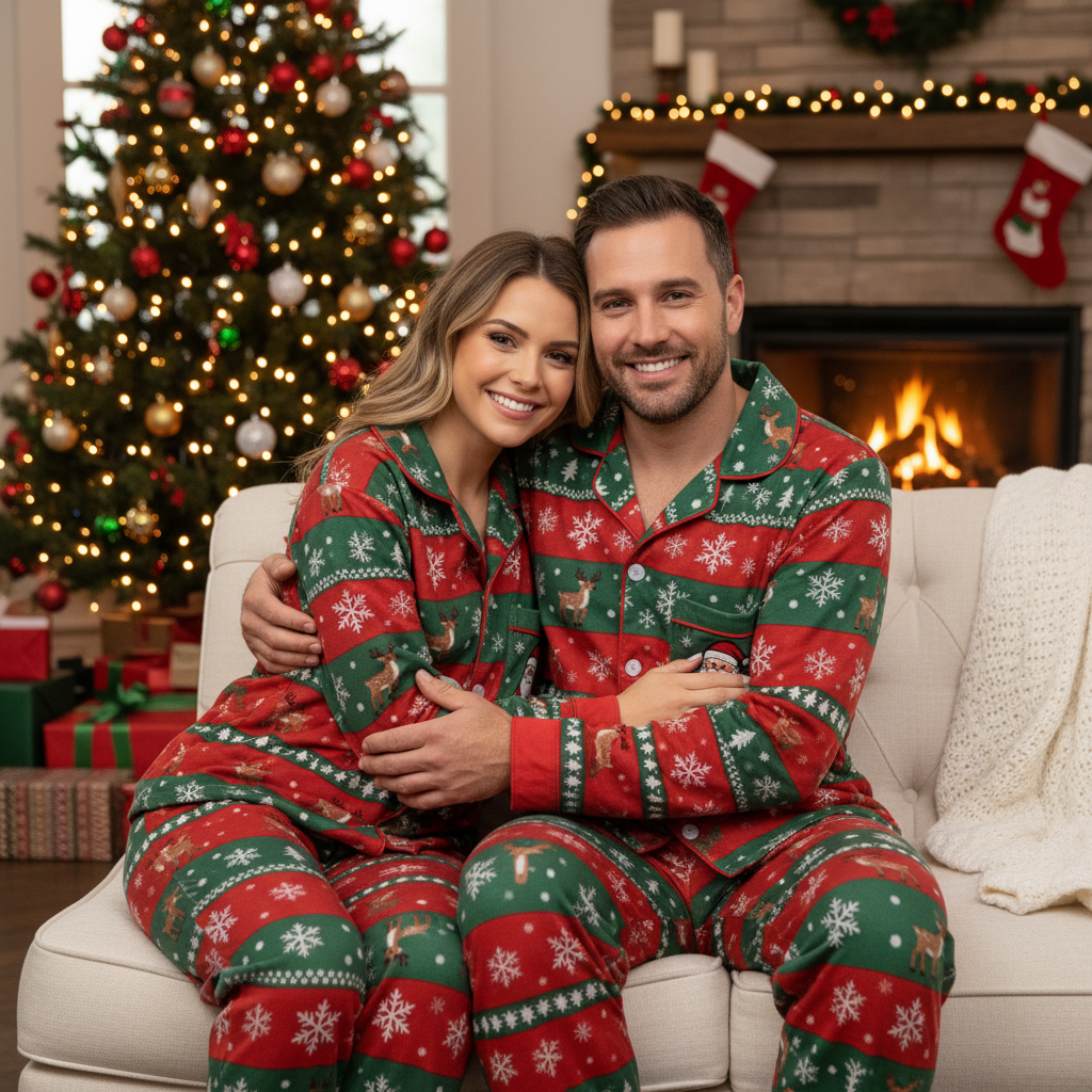 Holiday Couple Button-down Christmas Pajamas Set
