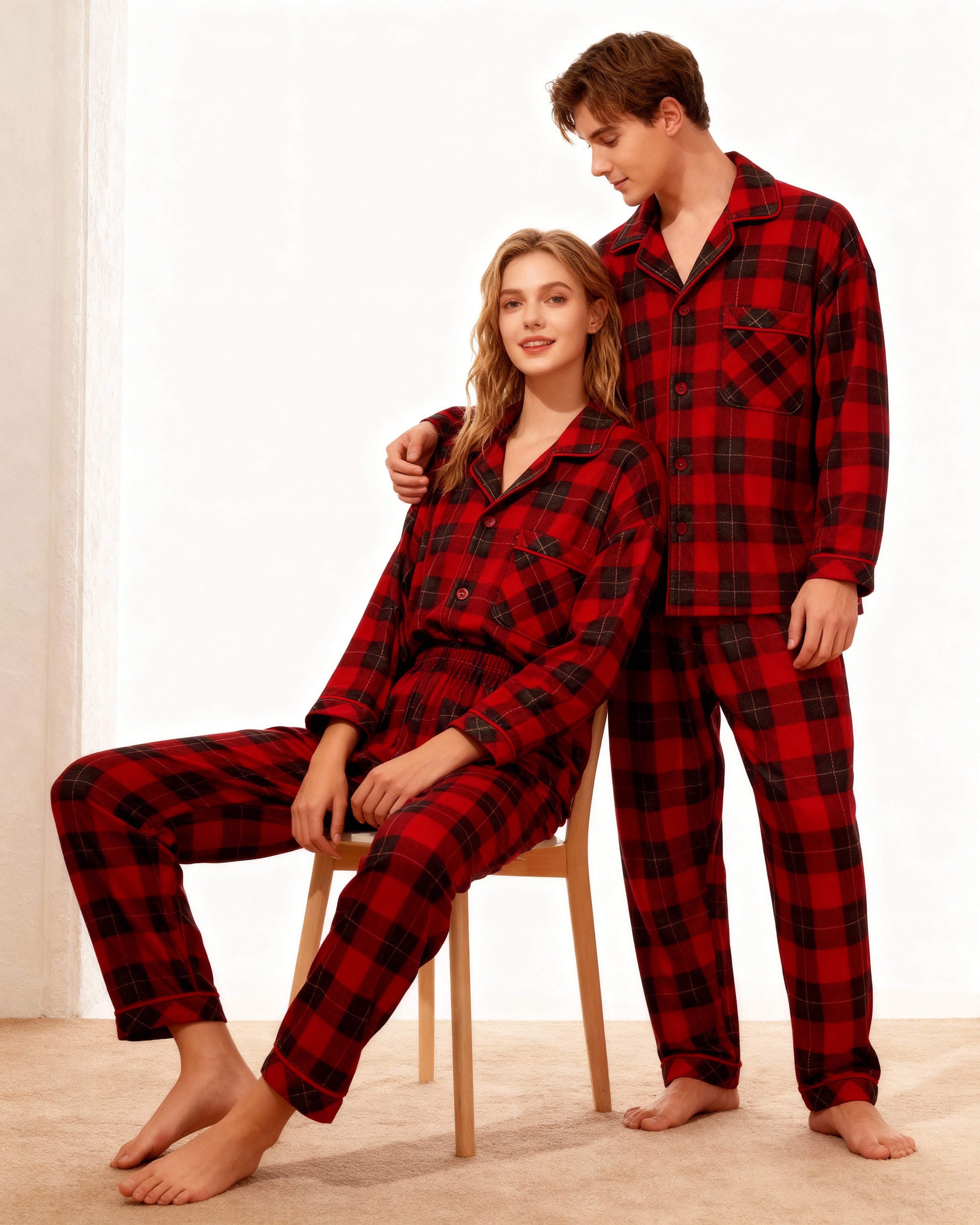 Red and Green Plaid Couple Button Up Long-sleeve Pajamas Sets