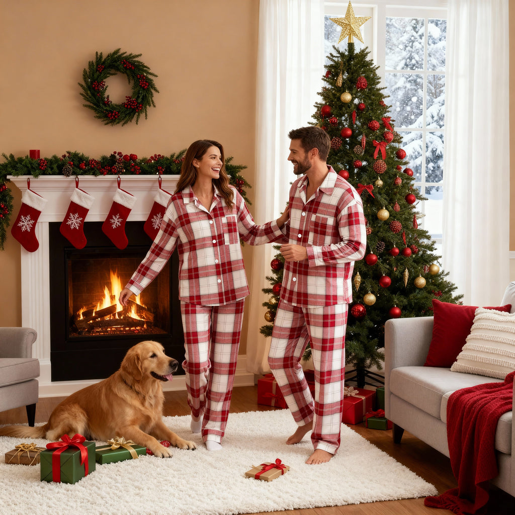 Matching Family Sleepwear Red White Plaid Christmas Pajamas Set
