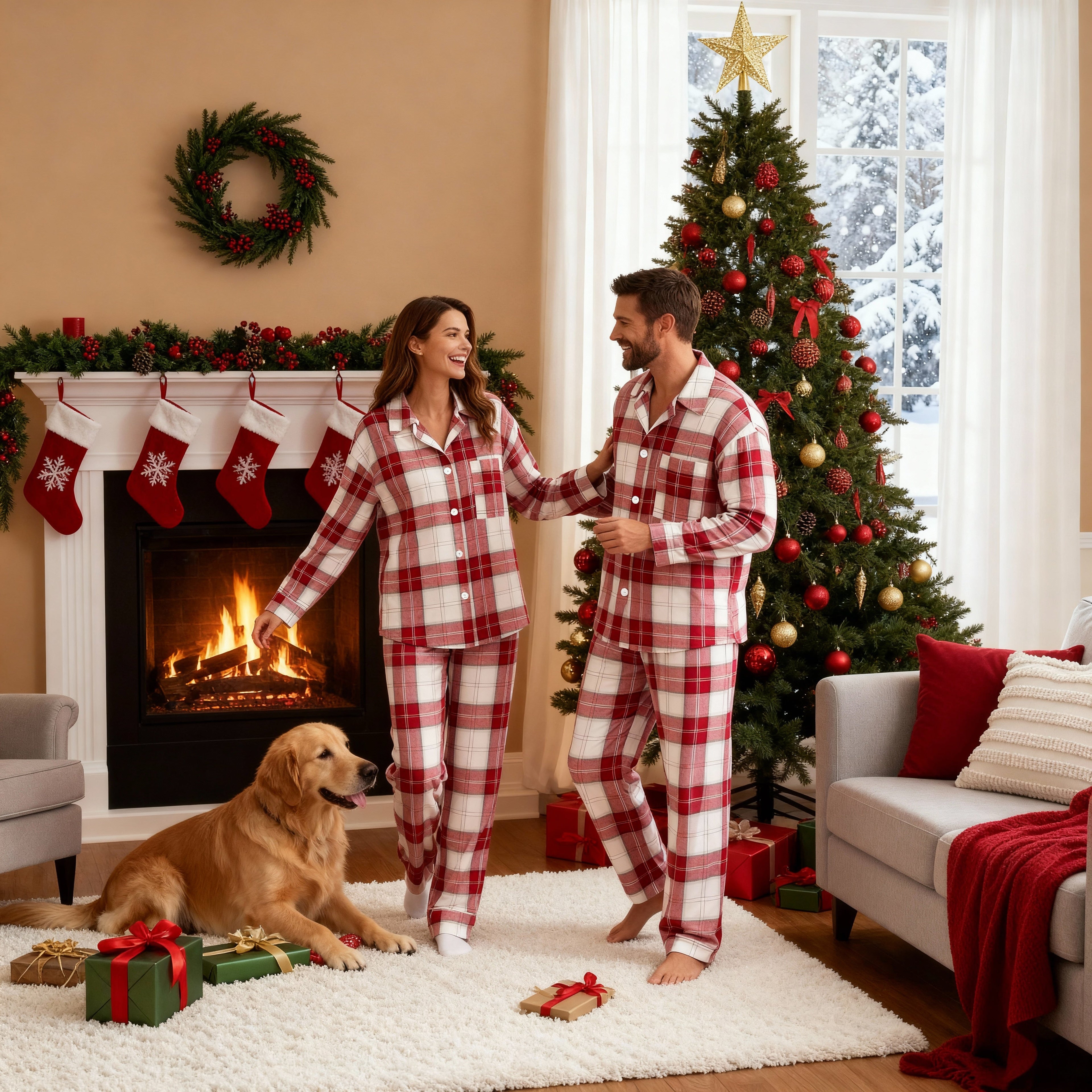 Matching Family Sleepwear Red White Plaid Christmas Pajamas Set