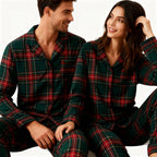 Couple Green Red Plaid Button-Front Pajamas Sets