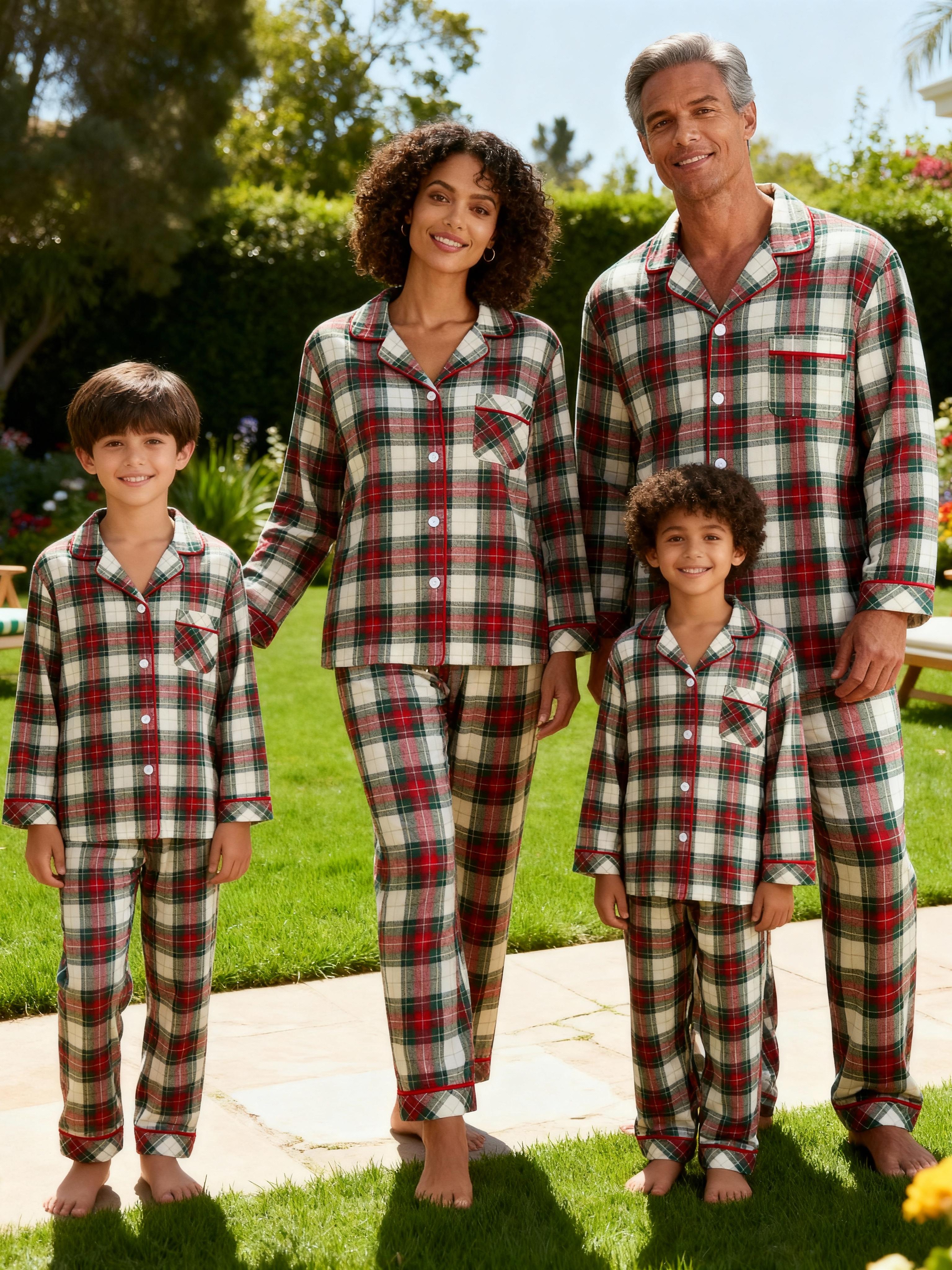 Matching Family Sleepwear Red Green Plaid Button Christmas Pajamas Set