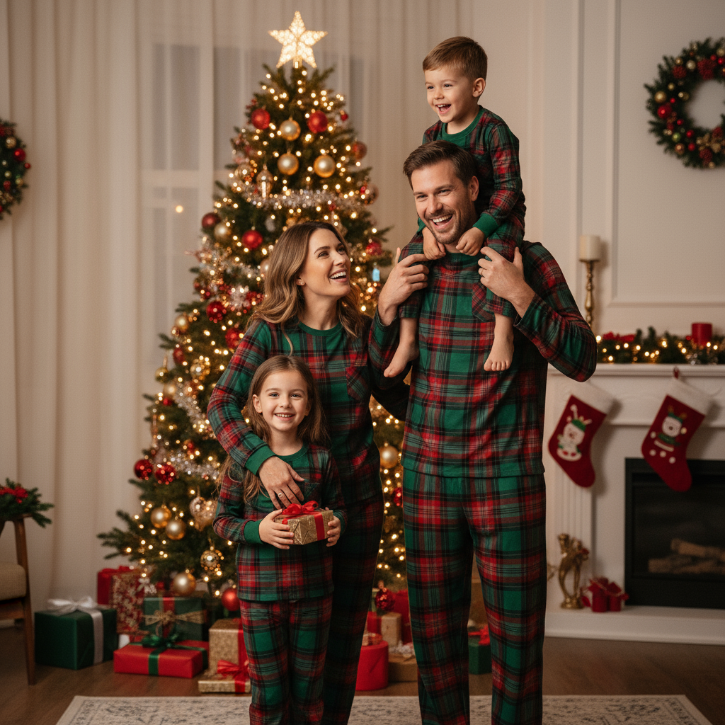 Family Green Red Plaid Matching Pajamas Set