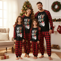 Christmas ”Ho Ho Ho“ Letter Print Santa Claus & Gingerbread & Elk Patterned Contrast Black top and Black & Red Plaid Pants Family Matching Pajamas Set With Dog Bandana