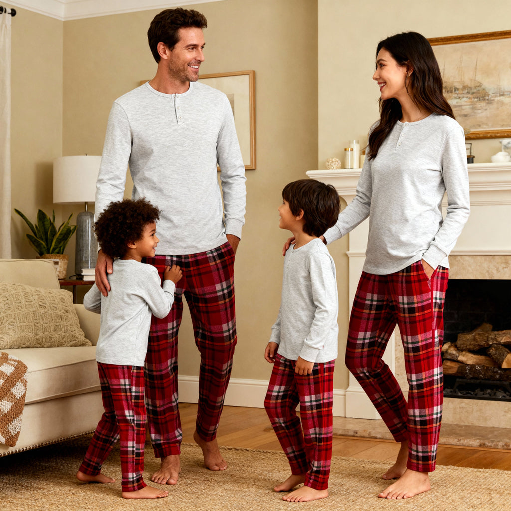 Holiday Pajamas Set for Whole Family – Gray Button-Neck Tee & Red Plaid Pants